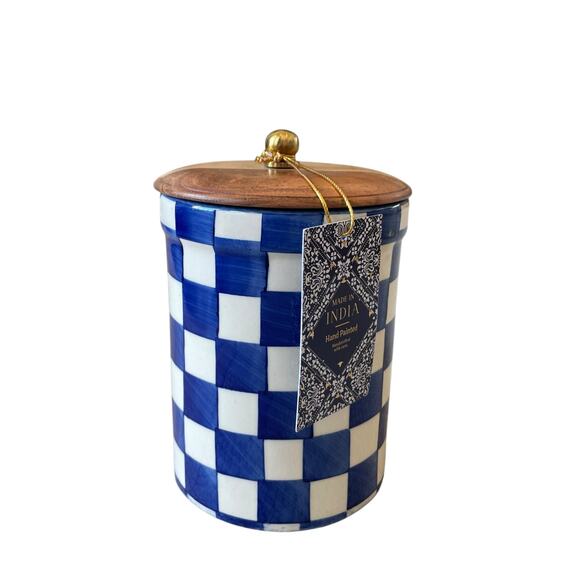 Hand Painted Checkered Ceramic Canister w/ Wood Lid Made in India Blue White NEW - Picture 13 of 16